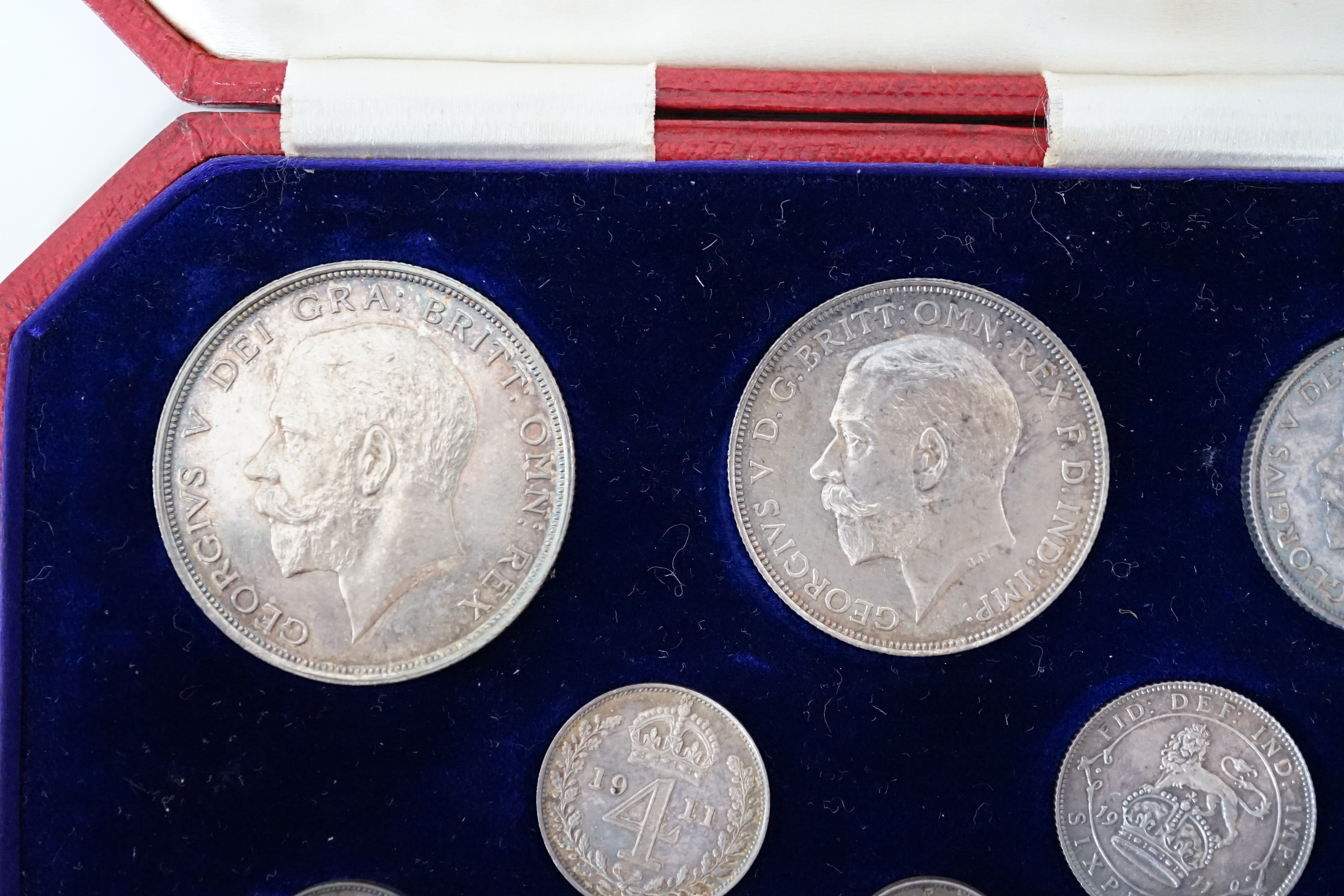 British Silver Coins, George V coronation specimen eight coin set, 1911, ranging from halfcrown to maundy penny, in case of issue